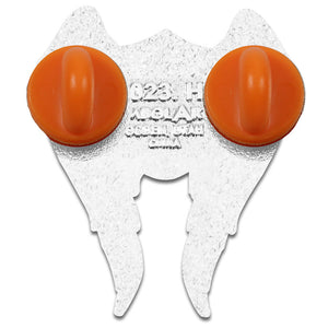 A white plastic automotive part with two prominent orange circular knobs or buttons on the front, photographed against a solid white background.