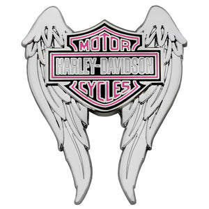 A Harley-Davidson Motor Cycles winged shield emblem in polished silver-tone metal with pink and black enamel detailing, centered on a plain white background.