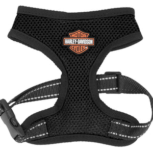Black dog harness with Harley-Davidson logo on a white background