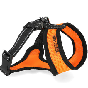 Orange and black dog harness with Harley-Davidson logo on a white background