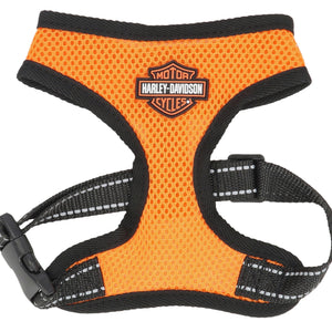 Orange dog harness with black straps featuring Harley-Davidson logo on a white background