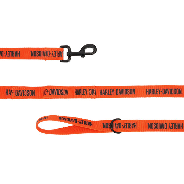 Orange dog leash with black 'Harley-Davidson' branding on a white background