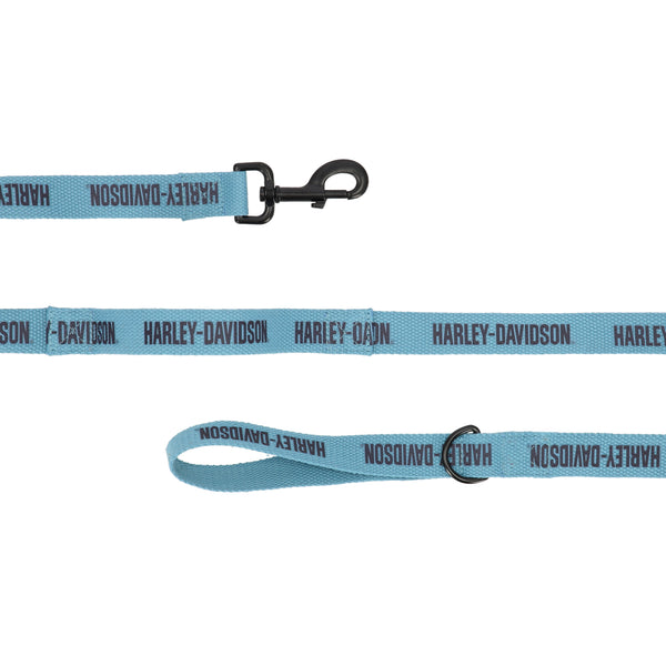 Blue Harley-Davidson dog leash with black text on a white background