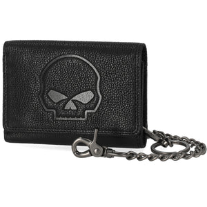 Harley-Davidson Men's Embossed Willie G. Skull Logo Medium Tri-Fold Chain Wallet, Black MWM101/08