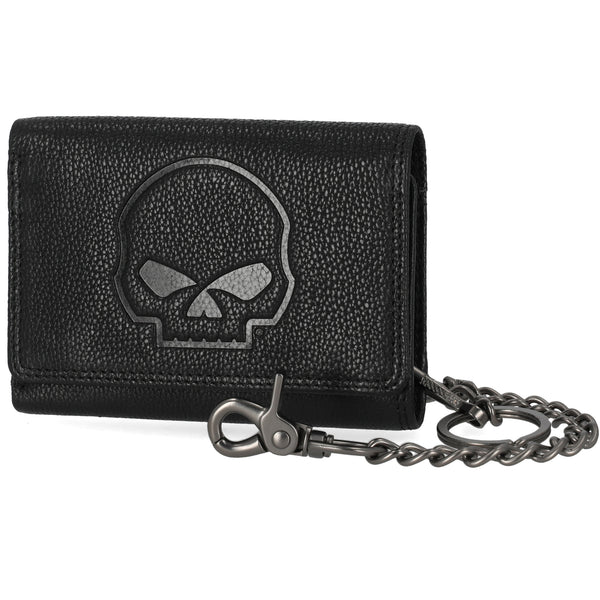 Harley-Davidson Men's Embossed Willie G. Skull Logo Medium Tri-Fold Chain Wallet, Black MWM101/08