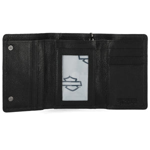 Black leather wallet with a visible brand logo on a white background