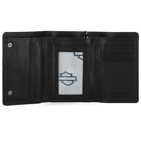 Black leather wallet with a visible brand logo on a white background