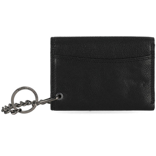 Black leather wallet with keychain on a white background