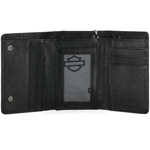 Black leather wallet with visible brand logo on a white background