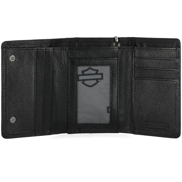 Black leather wallet with visible brand logo on a white background