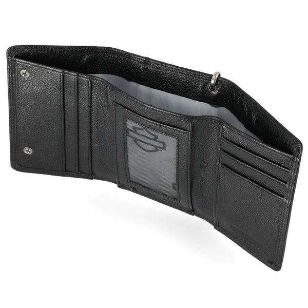 Black leather wallet with visible brand logo on a white background