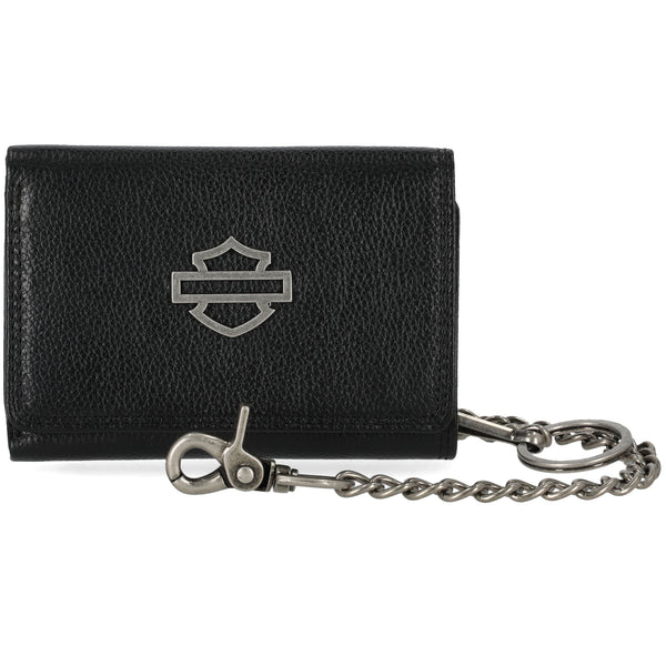 Harley-Davidson Men' Metal Open Bar & Shield Logo Leather Chain Medium Tri-Fold Wallet, Black MWM103/08