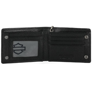 Harley-Davidson Men' Metal Open Bar & Shield Logo Leather Chain Slim Fold Bi-Fold Wallet, Black MWM099/08