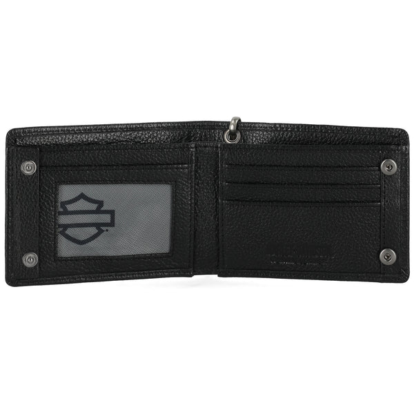 Harley-Davidson Men' Metal Open Bar & Shield Logo Leather Chain Slim Fold Bi-Fold Wallet, Black MWM099/08
