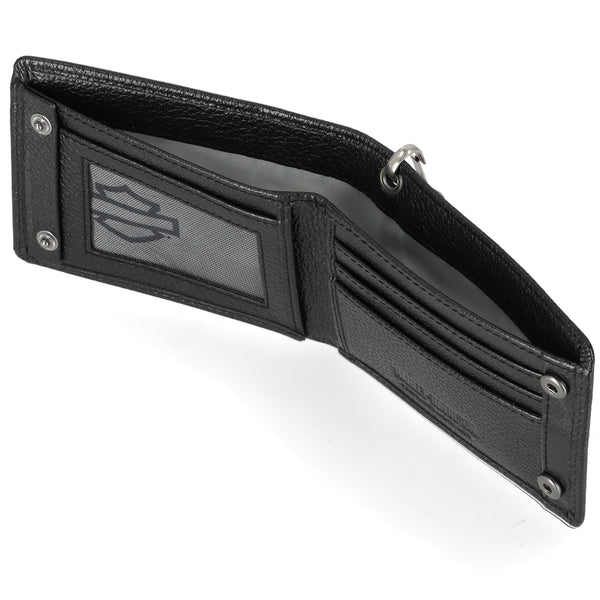 Harley-Davidson Men' Metal Open Bar & Shield Logo Leather Chain Slim Fold Bi-Fold Wallet, Black MWM099/08