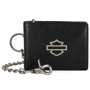 Harley-Davidson Men' Metal Open Bar & Shield Logo Leather Chain Slim Fold Bi-Fold Wallet, Black MWM099/08