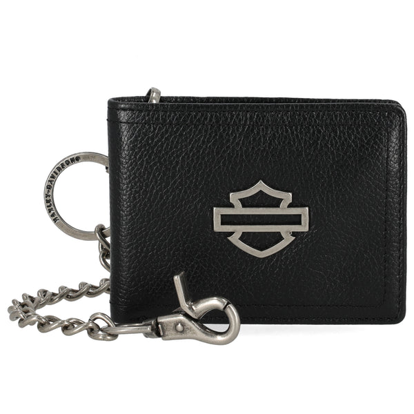 Harley-Davidson Men' Metal Open Bar & Shield Logo Leather Chain Slim Fold Bi-Fold Wallet, Black MWM099/08