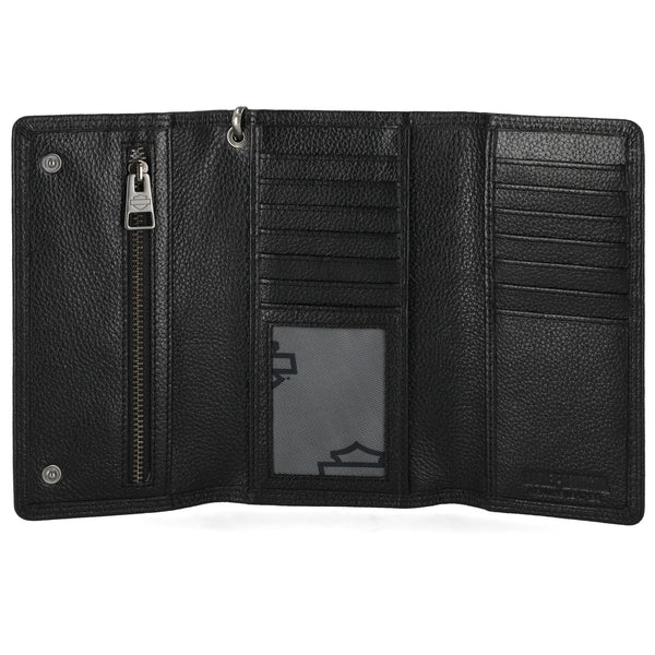 Black leather wallet with multiple card slots and a zipper pocket on a white background