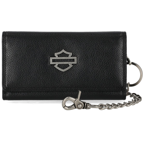 Black leather wallet with chain and logo on a white background