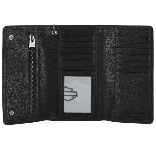 Black leather wallet with zipper pocket and card slots on a white background