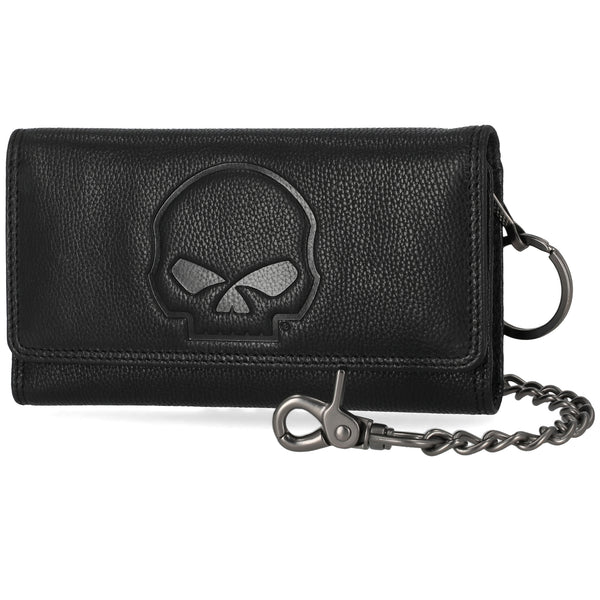 Black leather wallet with skull design and chain on a white background