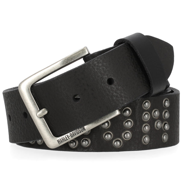 Black leather belt with silver studs and buckle on a white background