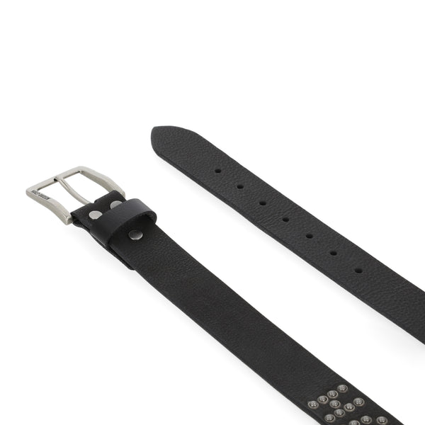 Black leather belt with silver buckle on a white background