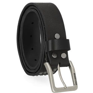 Black leather belt with a silver buckle on a white background