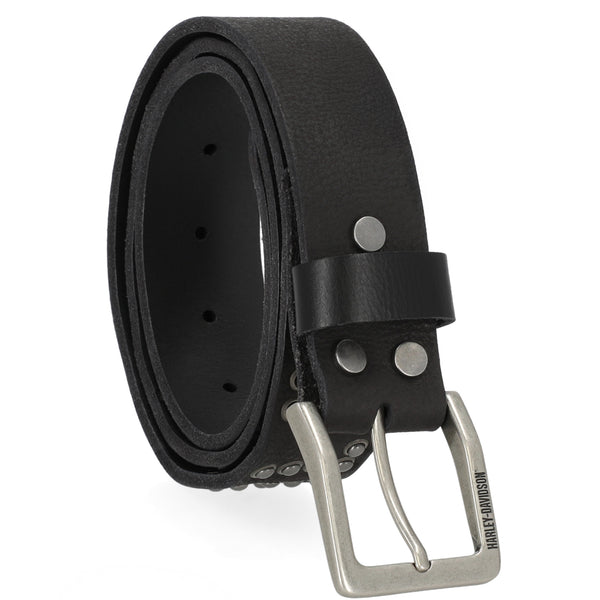 Black leather belt with a silver buckle on a white background