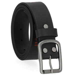 Black leather belt with a silver buckle on a white background
