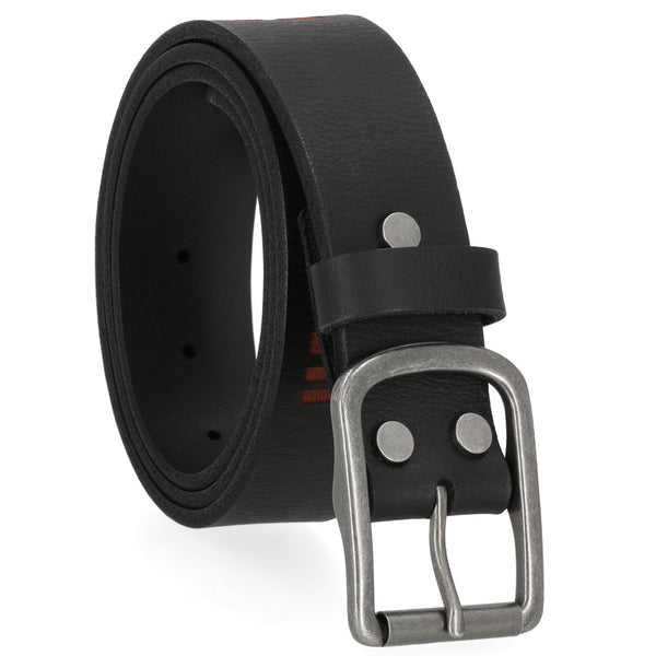 Black leather belt with a silver buckle on a white background