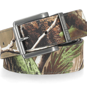 Camouflage belt with silver buckle on a white background