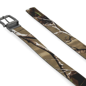 Camouflage belt with a silver buckle on a white background
