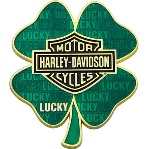 Harley-Davidson logo on a green four-leaf clover with 'Lucky' text.