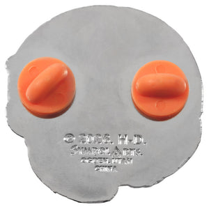 A circular gray silicone or rubber product with two bright orange oval protrusions on either side and embossed text reading '© 2023 H.D.