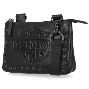 Black leather handbag with Harley-Davidson logo on a white background