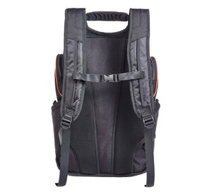 The back view of a black backpack with gray padded shoulder straps, mesh back panel, and orange accent piping on the sides, shown against a plain white background.