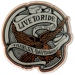 A die-cut vinyl sticker featuring a Harley-Davidson eagle and banners reading 'LIVE OR RIDE' and 'RIDE TO LIVE' on a plain white background.