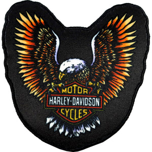 A Harley-Davidson embroidered patch featuring a bald eagle with spread wings in orange, yellow, brown, and white on a black background, with the Harley-Davidson logo centered below.