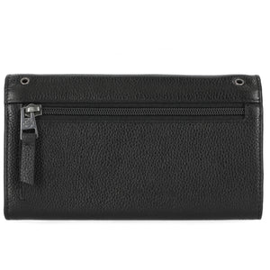 Black leather wallet with a zipper on a white background