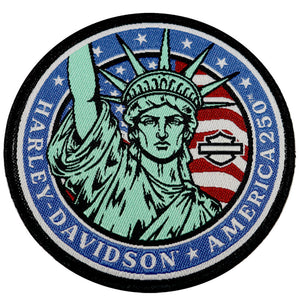 Harley Davidson patch featuring the Statue of Liberty and American flag design.