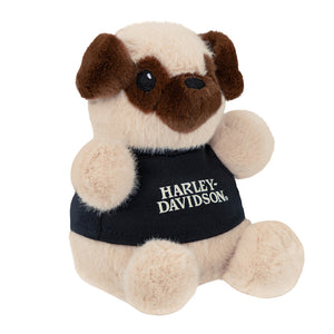 A plush puppy toy with cream-colored fur, dark brown ears and muzzle, wearing a black shirt with 'HARLEY-DAVIDSON' embroidered in white on the front, set against a plain white background.