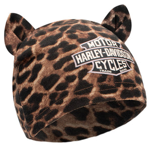 A brown and black leopard print beanie hat with two small cat ears on top and a white Harley-Davidson logo patch on the front, shown against a plain white background.