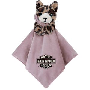A pink plush baby lovey blanket featuring a leopard-faced stuffed animal on the corner and a Harley-Davidson Cycles logo printed on the front, shown against a plain white background.