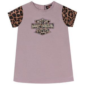 A children's short-sleeve t-shirt dress in dusty mauve with leopard print sleeves and a large Harley-Davidson logo printed on the chest.
