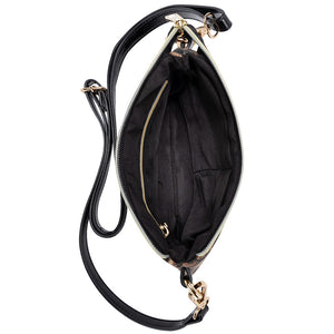 Black leather shoulder bag with a gold-tone zipper and hardware, shown from an overhead angle with the interior and strap visible against a white background.