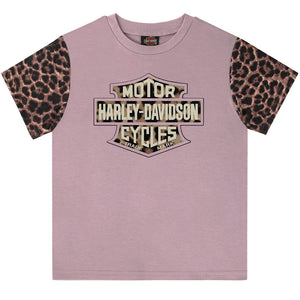 A short-sleeve t-shirt with a dusty mauve body and leopard print sleeves, featuring a large Harley-Davidson logo graphic on the chest.