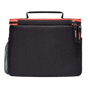 A black insulated lunch bag with a top handle, orange-red zipper trim, and a side mesh pocket, shown on a plain white background.