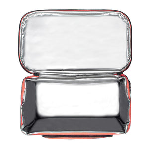 An open insulated lunch bag or cooler pouch with a shiny silver interior and red piping along the edges, shown against a plain white background.