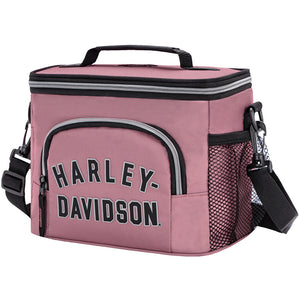 A pink soft-sided cooler bag with black and gray trim, featuring a top handle, front zip pocket with 'HARLEY-DAVIDSON' text, and a side mesh bottle holder, shown on a white background.